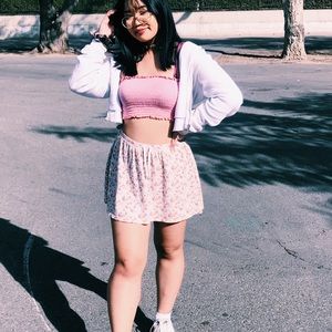 Pink crop top and floral skirt